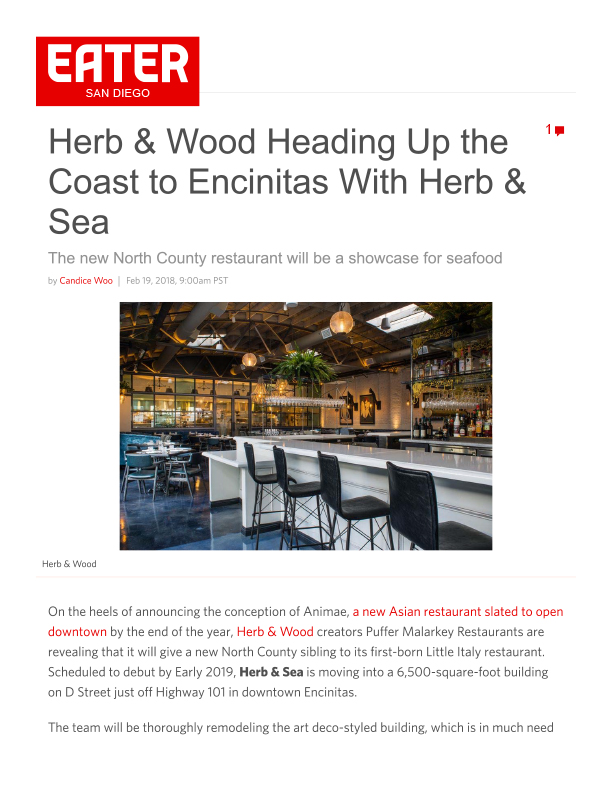 Fa 02.19.2018 Eater Sd Herb & Wood Heading Up The Coast To Encinitas With Herb & Sea