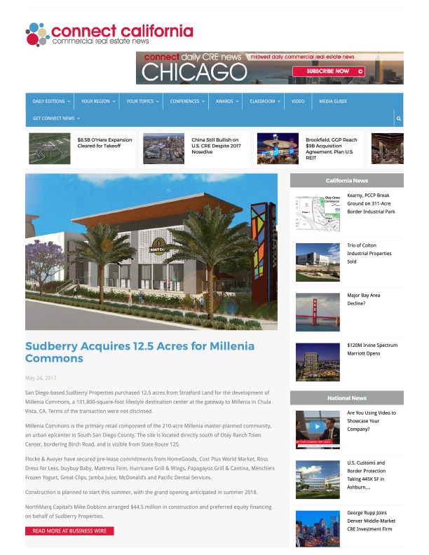 Fa 05.24.2017 Connect California Sudberry Acquires 12.5 Acres For Millenia Commons