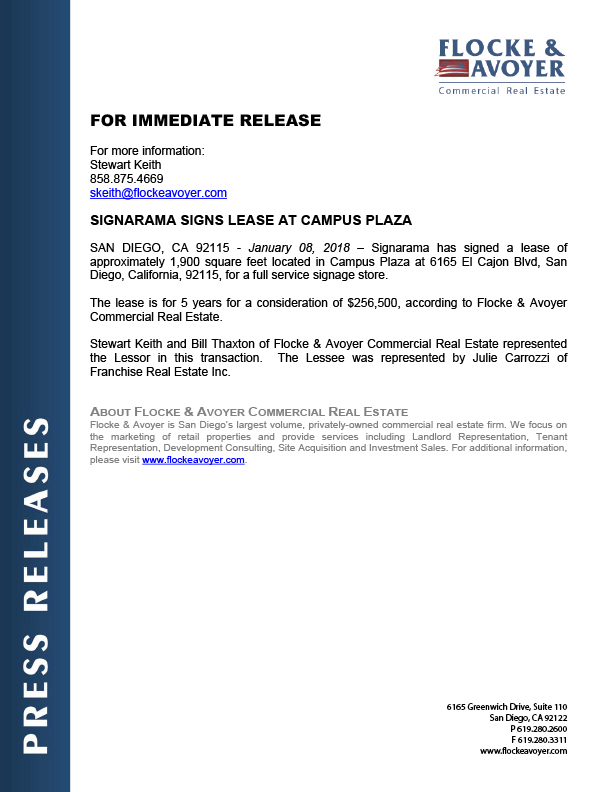 Fa Pr 01.08.2018 Signarama Signs Lease At Campus Plaza