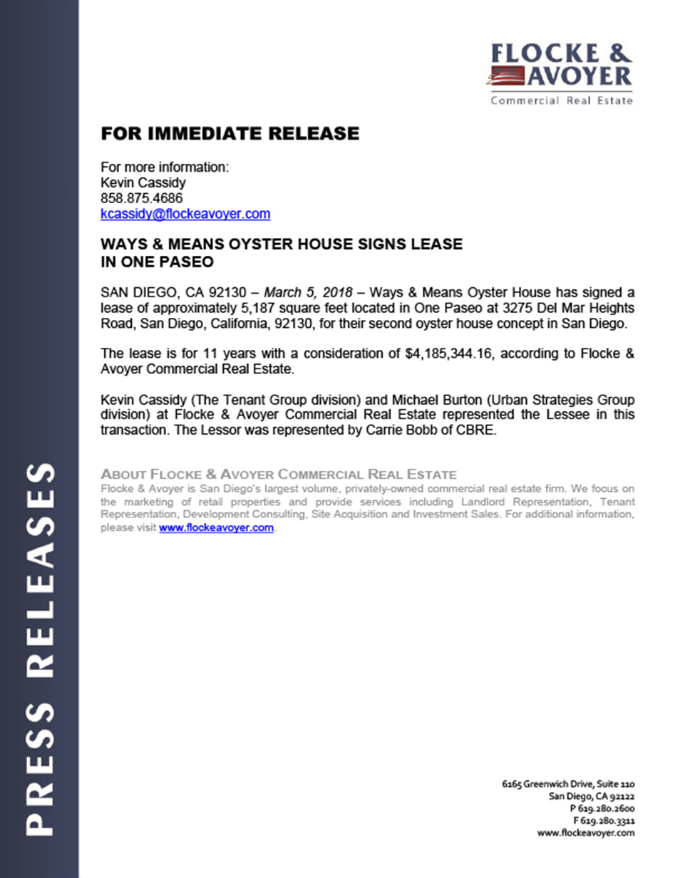 Fa Pr 03.05.2018 Ways & Means Oyster House Signs Lease In One Paseo